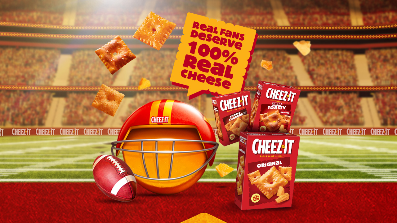 Cheez-it grooves, orginal, extra toasty, and white cheddar boxes on a football field