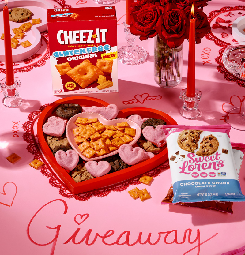 Gluten Free Cheez-It crackers shown within Valentine's Day decorations