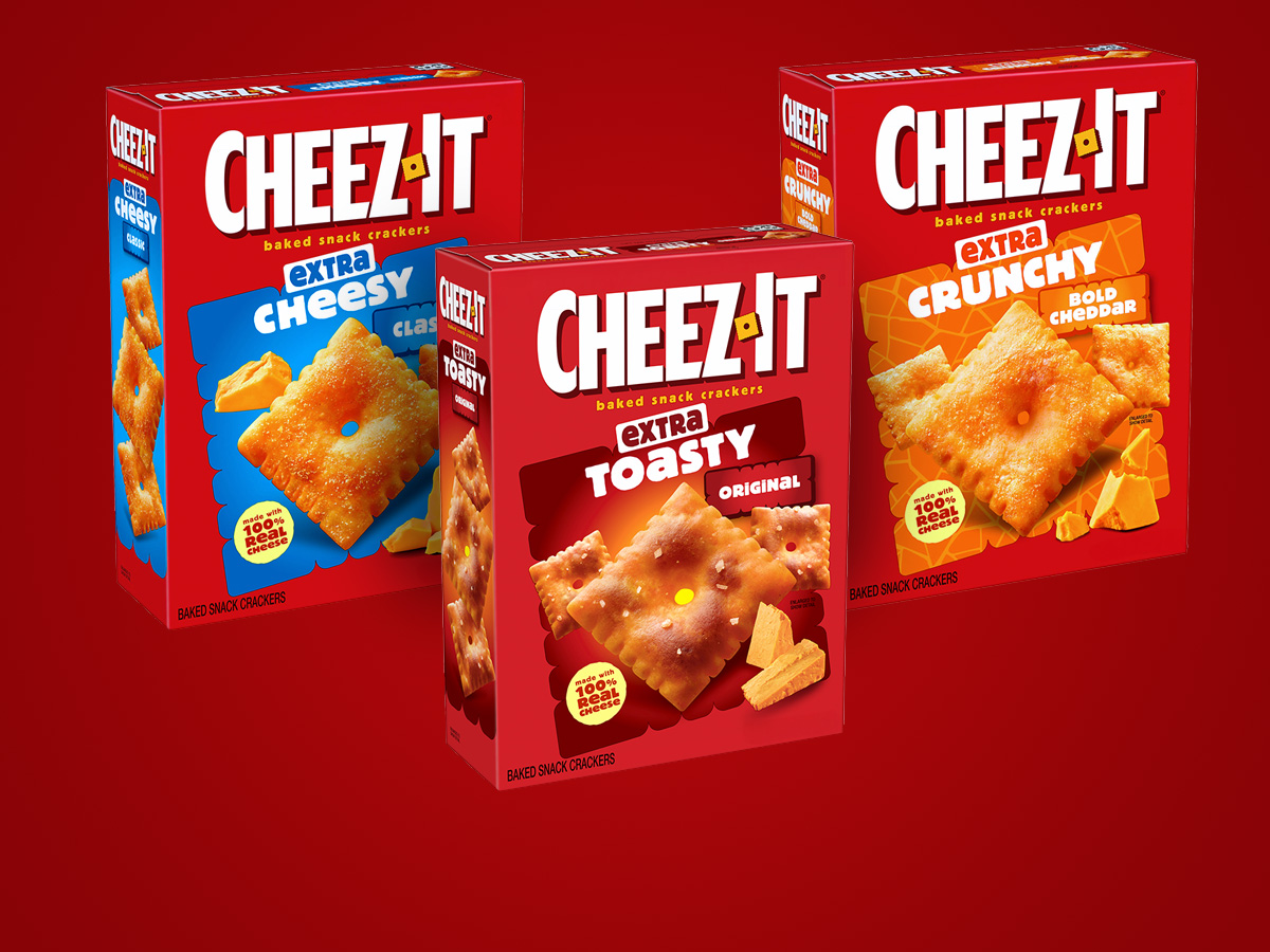 Three Cheez-It boxes on a red background