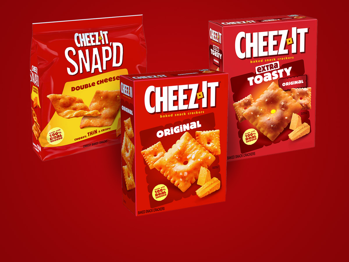 Three Cheez-It boxes on a red background